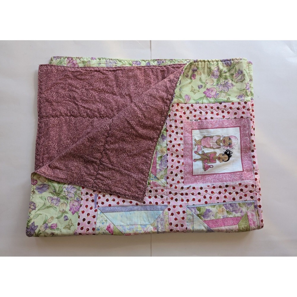 Quilt Patchwork Blanket Handmade 41" x51" Multicolor Girls Floral Ladybugs